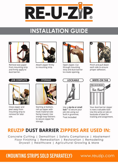 RE-U-ZIP DUST BARRIER SYSTEM Construction RE-U-ZIP™ REUSABLE DUST BARRIER ZIPPERS | 6 PACK (requires mounting strips)